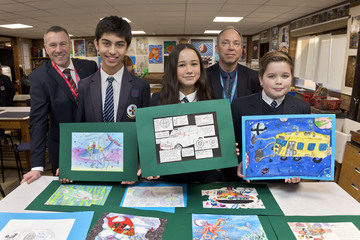 (Left to Right) David Littlewood from Vertu Toyota with Anthony Hyde (3rd place), Aylla Gill (1st place) and Enrique Wheeldon-Lopez (2nd place), together with Craig Longmuir from St Mary's School Art Dept.