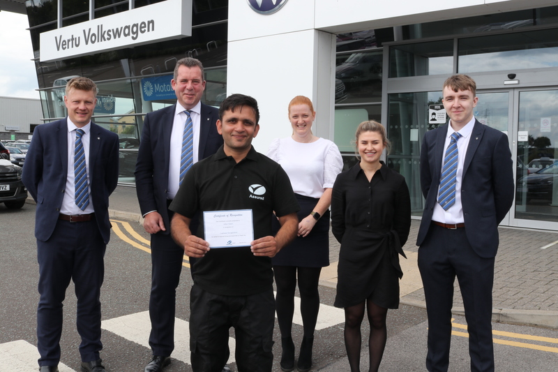 left to right, Richard Hawley (New car Sales manager), Craig Patterson (Divisional Aftersales Director), Ashar Awan (Valater), Elizabeth Scrutton (Workshop Controller), Sophie Bodsworth (Sales Executive) and Samuel Henley (sales Executive)