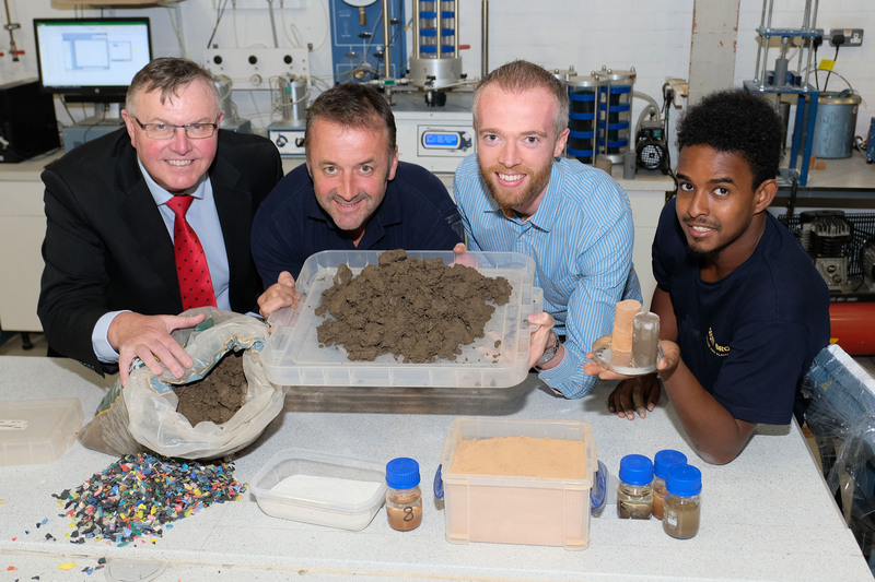 L-R: Bob Borthwick and Peter Scott of Scott Bros with Dr Paul Sargent of Teesside University, and Feysal Shifa examine a sample of the filter cake during the KTP research programme