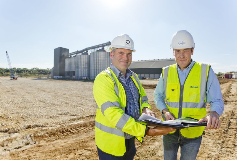Fulcrum’s Business Development Leader Robin Rees (left) and Camgrain Site Manager Reece Carpenter (right) on the site of the new cereal processing facility
