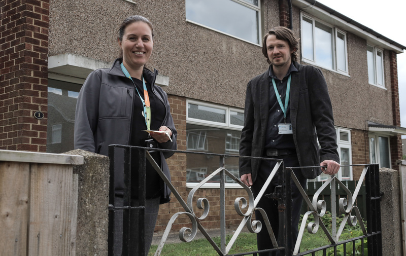 Beyond Housing Holistic Support Advisor Claire Trenholme (left) with Development Assistant Michael Brown outside one of the Rough Sleeping Accomodation Programme homes in Redcar 