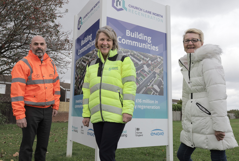 From left. Equans (formerly Engie) Refurbishment Director Alan Maskell, Beyond Housing CEO Rosemary Du Rose and Residents Association member Kath Smith, .