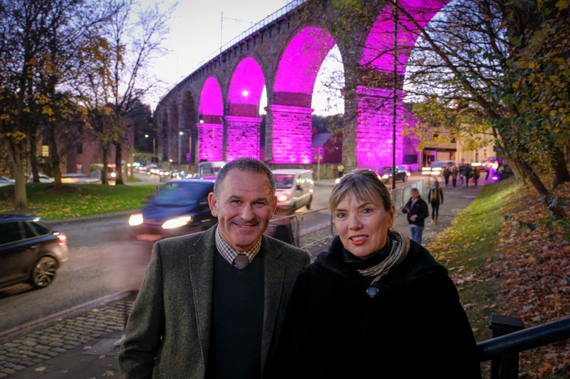 Allan Cook (left) and Sarah Coop, development director at Artichoke (right) welcome the return of Lumiere to Durham later this month