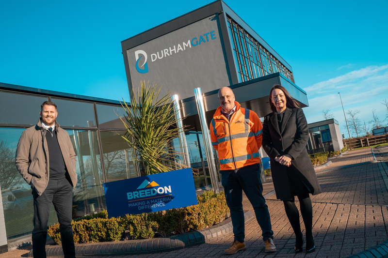 left to right – Arlington Real Estate Managing Director Dean Cook, Breedon Group General Manager John Neesham and Breedon Group Area Customer Services Manager - North East England, Louise Hall outside No 1 DurhamGate