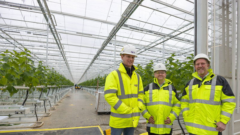 Left to right - Robert Barker (AGR Renewables), Mick Carter (Fulcrum) and Richard Jupp (Fulcrum) in the greenhouse