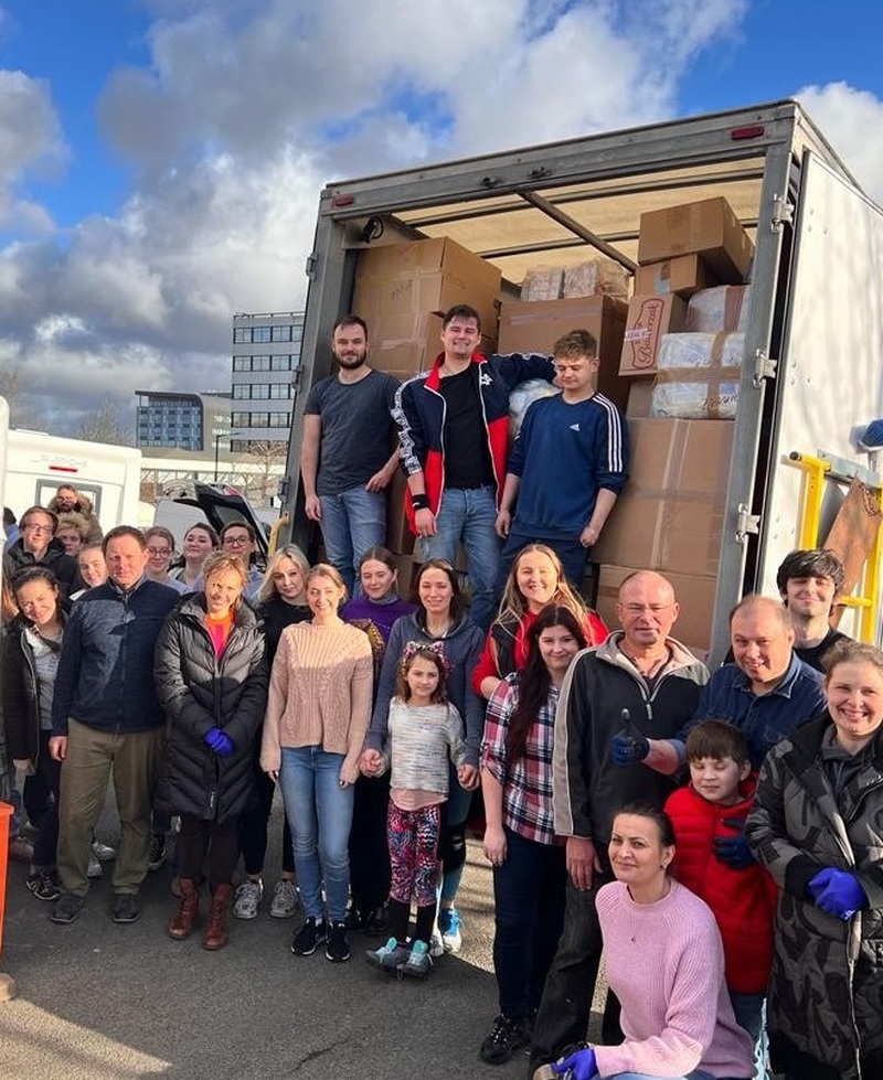 Volunteers, including Wojciech Plosaj (back left) and Blyth MP Ian Levy (front, fifth from right) load a Moody Logistics’ truck with aid at Newcastle Polish Centre ready for storage