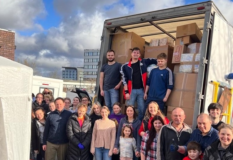 Volunteers, including Wojciech Plosaj (back left) and Blyth MP Ian Levy (front, fifth from right) load a Moody Logistics’ truck with aid at Newcastle Polish Centre ready for storage