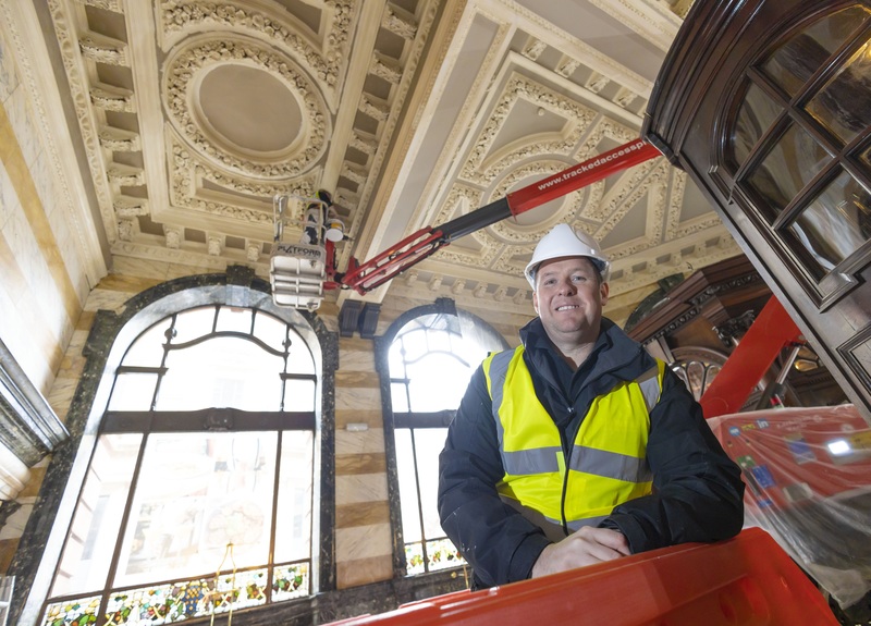 Stephen Nicholson pictured during the work to restore the magnificent ceilings at Browns Brasserie & Bar