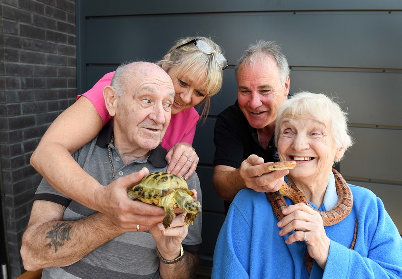 Nikki Foggin from Ashton Court and Paul Fenwick of Discovery Zoo with residents John Cosgrove and Christine Parry