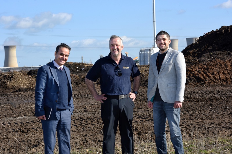 L-R: Dr Sina Rezaei-Gomari, Director of Studies, Peter Scott, a Director of Scott Bros and Mardin Abdalqadir, postgradute researcher at one of the potential Scott Bros sites where the artificial soil will be trialed