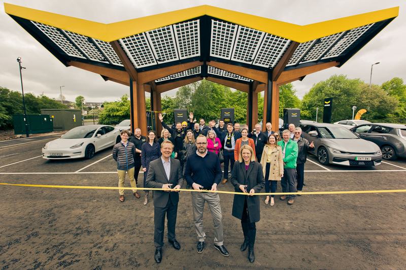 Scottish Transport Minister Jenny Gilruth (front right) launches the new Fastned charging station in Hamilton with members of the Fastned and Fulcrum teams