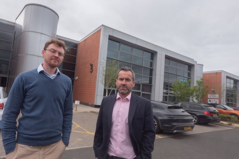 Stuart Keegan (left) with Tim Carter outside the final remaining vacant unit at Darlington’s Pioneer Court business park