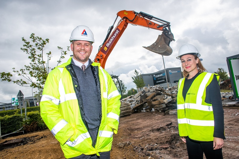 Dean Cook (left) from Arlington Real Estate and Keeley Sharp (right) on the site of the soon-to-be-built care home at DurhamGate