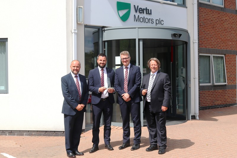 Left to right, Gavin Drakes Divisional Aftersales Director, Danny Birkett, Robert Forrester Vertu Motors plc CEO, and Calum Thomson Group Aftersales Director