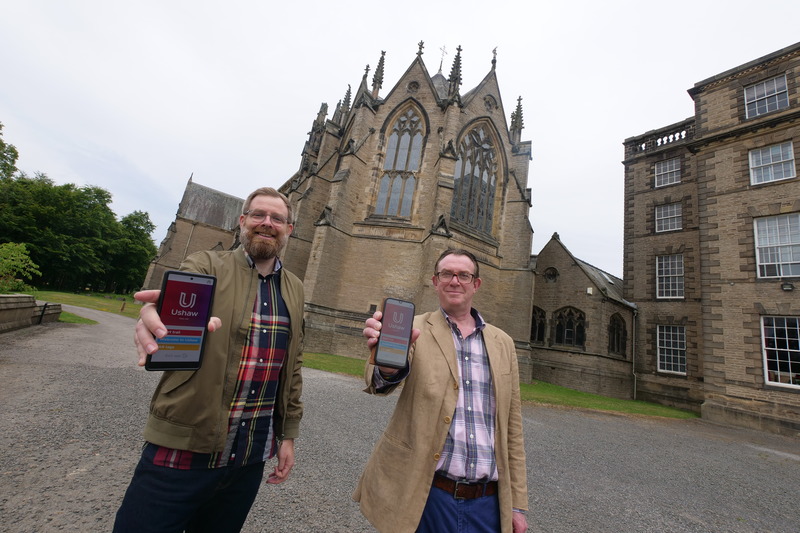 L-R Andi Liddell and Andrew Heard demonstrate the new app that brings Ushaw’s heritage trail to life