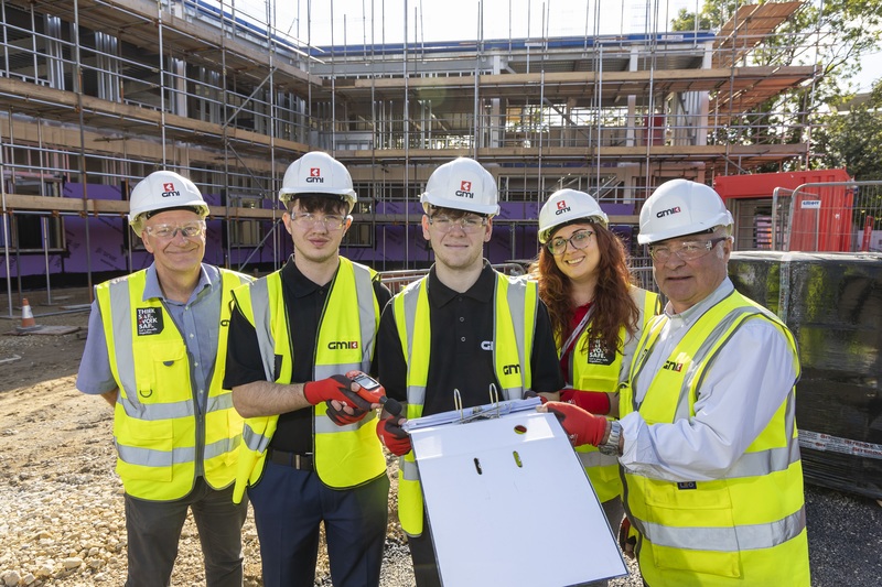 L-R: GMI Project Manager Chris Hanson, with T Level students Jack Thompson and Ollie Leg, with Responsible Business Partner Jessica Burrows, and Site Manager Ian Walton
