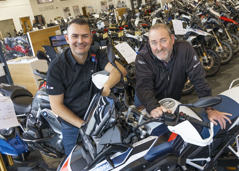 Mark Goode Brand Director Vertu Motorcycles with General Manager at Shipley Simon Sayer