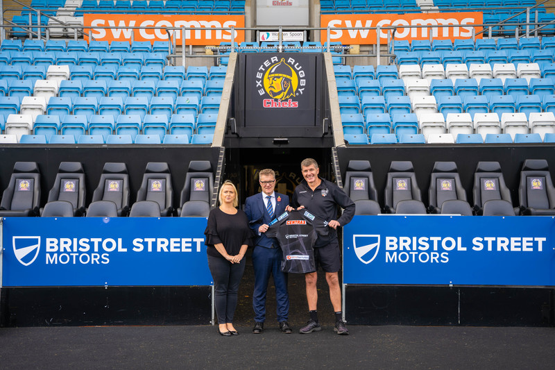 left to right Lisa Duncan, Sales and Marketing Director of Exeter Rugby Club, Robert Forrester, Chief Executive of Bristol Street Motors and Rob Baxter OBE, Director of Rugby of Exeter Chiefs.