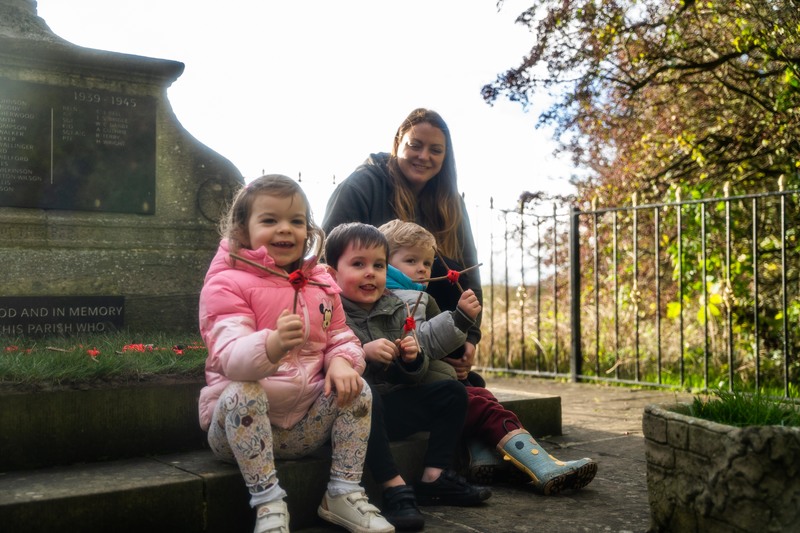 Mille, Sam and Raffety with Rosedene manager Jodie at the Egglescliffe War Memorial