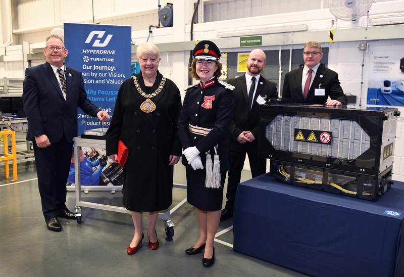 Left to right: Chris Pennison (Turntide), Cllr Alison Smith, Mayor of Sunderland, Lord-Lieutenant of Tyne & Wear Lucy Winskell OBE, Paul Turbitt (Turntide) and Mark Cox (Turntide) with Turntide’s Queen’s Award winning battery technology