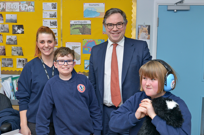 Jeremy Quin MP with Woodview teacher Megan and students Jack and Scarlet