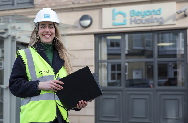 Beyond Housing Asset Sustainability Manager Tess Dennison celebrates the award of a grant from the Government’s Social Housing Decarbonisation Fund