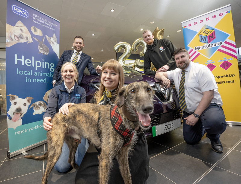 Ruth McCabe RSPCA, Rueben the lurcher, Anthony Cornelius General Manager, Jessica Bright Sales Executive, Steve Drysdale General Sales Manager, Matthew Lewis Menfulness