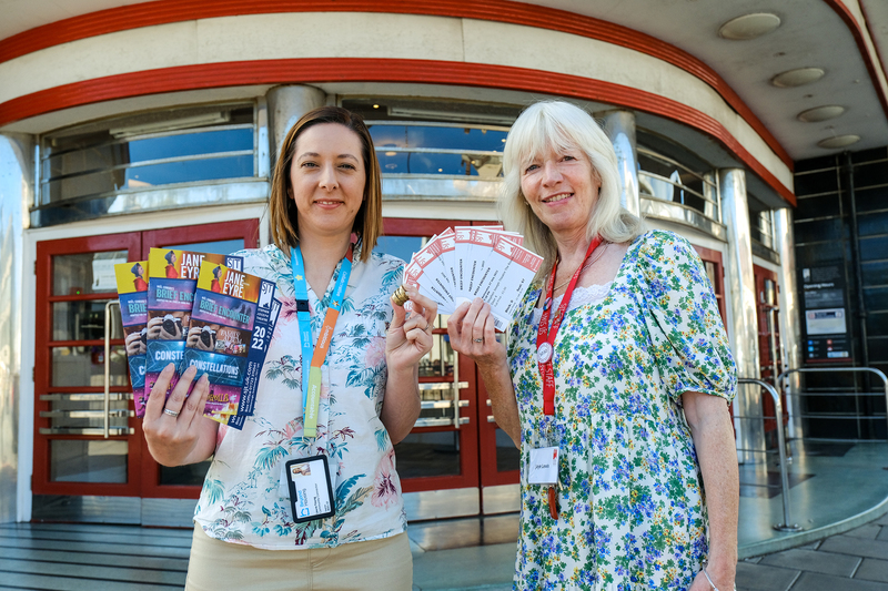 Laura Young, Community Partnership & Engagement Manager at Beyond Housing, (left) launches the Stephen Joseph Theatre discounted tickets offer with the theatre's Executive Assistant Jaye Lewis.