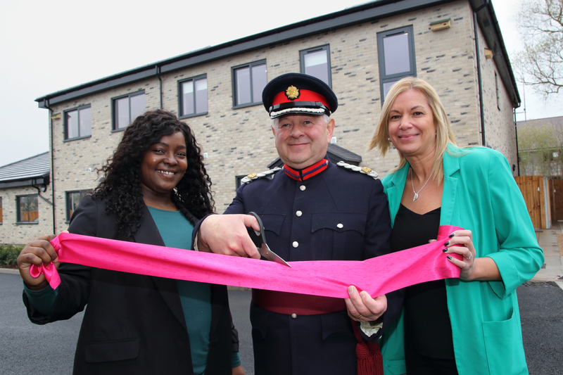 Cheryl Maitland, Falcon House Manager,  Mr James Thomas Leavesley DL, the Vice Lord-Lieutenant of Staffordshire, Sharena Record Regional Director of Operations ECHO