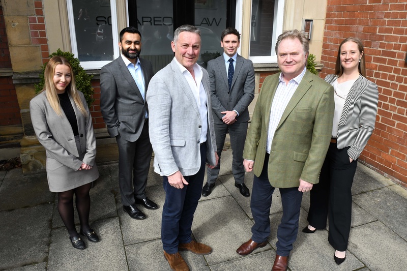 L-R: Vanessa Saleh, corporate solicitor, and Ashraf Ali, partner at Square One Law, Gavin Dunn, founder of R H Irving Industrials, Adam Tindale, RGCF corporate finance manager Mark Souter, contracts director at R H Irving Industrials and Rhiannon Nighting