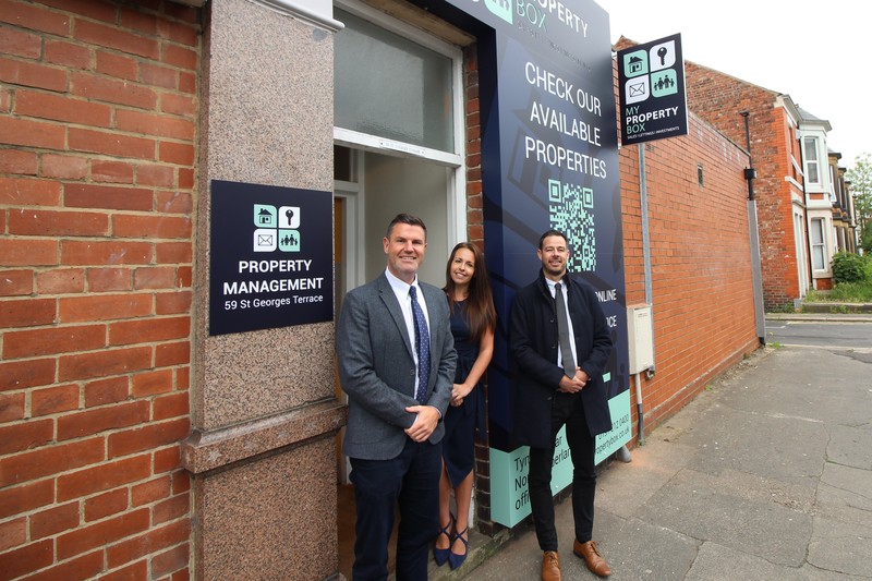 L-R Ben Quaintrell, Marie Wilmot and area director Chris Reeve outside the rebranded My Property Box Tyne & Wear