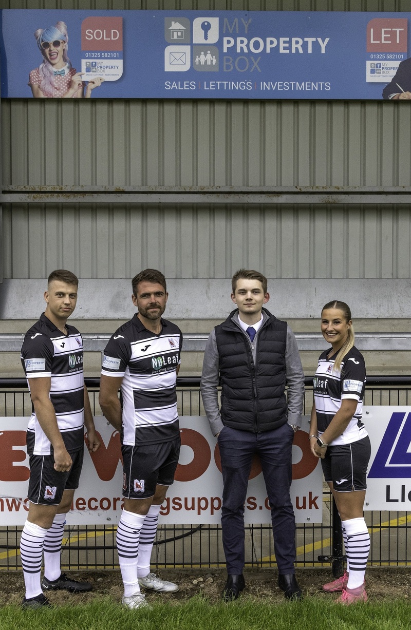  Darlington FC players Andrew Nelson, Ben Hedley and Chloe Bright show of the new strip with Harry Harrison (second right) of My Property Box