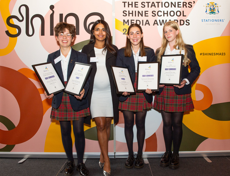 Annabel Cochrane, Ms Antonia Breslin, Poppy Bell and Anna Page collect five prizes at the Shine School Media Awards.