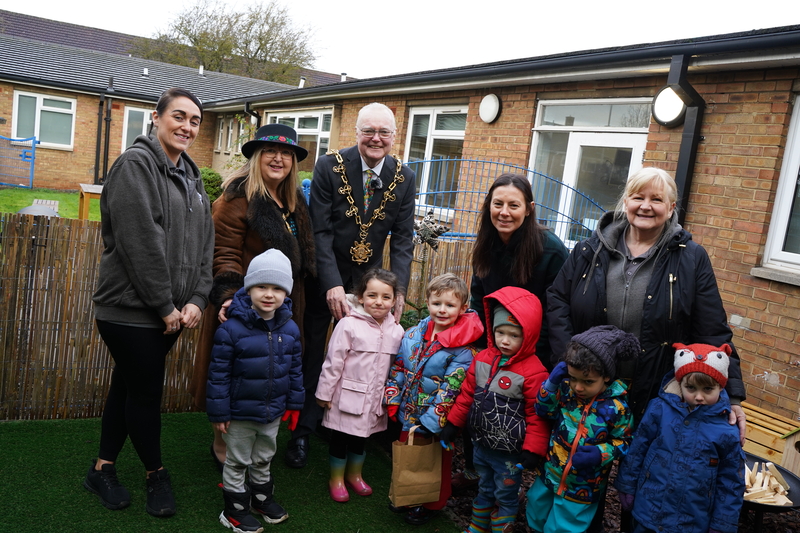 The Mayor (middle) pictured with staff and children during the open day. 
