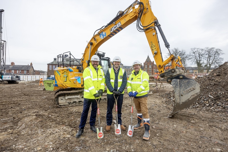 (L-R): GMI Regional Director Andrew Hurcomb, William Sharpey, Senior Construction Manager, Olympian Homes, and Steve Hornby, GMI Project Manager, mark breaking ground at York’s £50m Rialto development