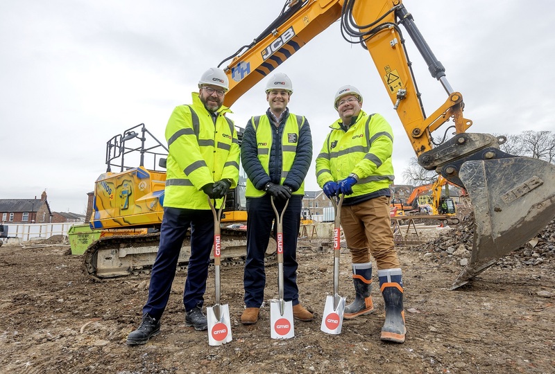 (L-R): GMI Regional Director Andrew Hurcomb, William Sharpey, Senior Construction Manager, Olympian Homes, and Steve Hornby, GMI Project Manager, mark breaking ground at York’s £50m Rialto development