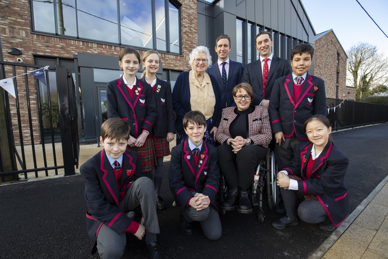  (L-R)  Hazel Andrews (back centre), Bill Sawyer, and Dr Huw Williams, headmaster at Yarm School, pictured with Baroness Grey-Thompson (front right) and pupils from Yarm Prep School    