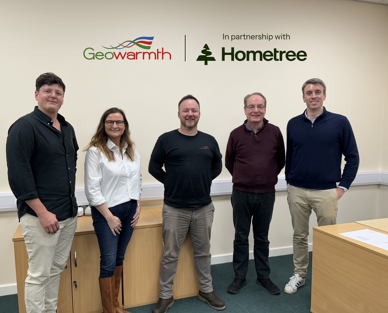 Photo caption: The Geowarmth and Hometree Team. Left-to-right: Olly Cutting (Director of M&A, Hometree), Carla Stockton-Jones (COO, Hometree), Gary Burkin (Senior Contracts Manager, Geowarmth), John Withers (Managing Director, Geowarmth), Simon Phelan (CE